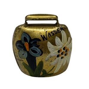 VTG Hand Painted Brass Cow Bell Swiss Volksmarch Club Farmhouse Wassen Flowers